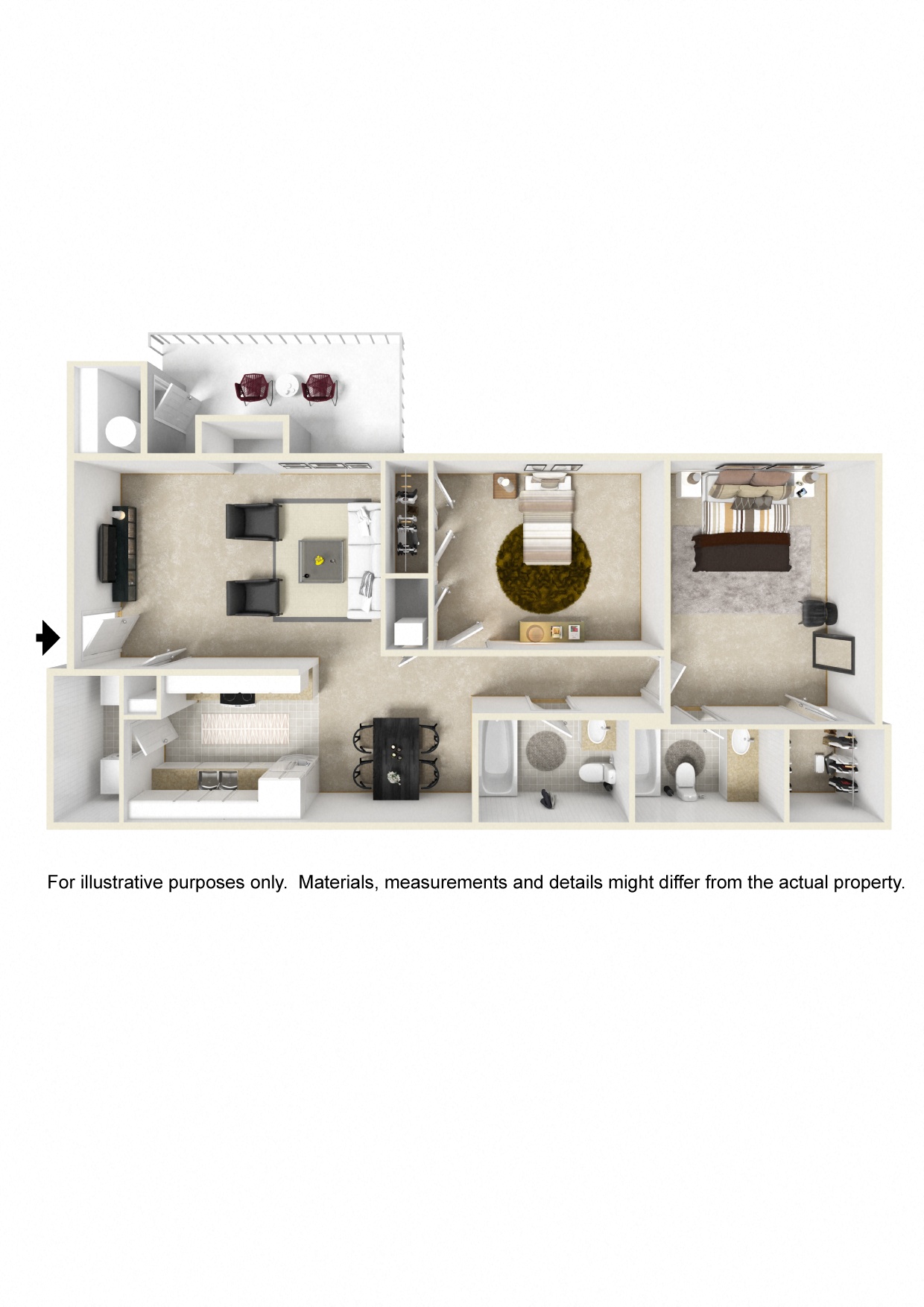 Floor plan for 2 beds, 2 baths, 1100 sqft